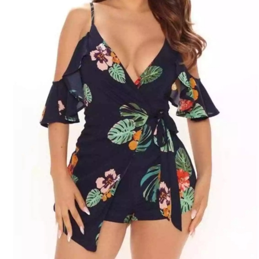 NWT Navy Floral Open Back Romper | Tropical Print Summer Playsuit Lightweight